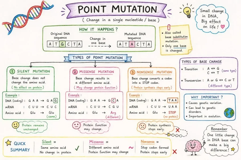 What happens when one DNA letter changes? Point mutation diagram with example,types, codon change and protein effect”