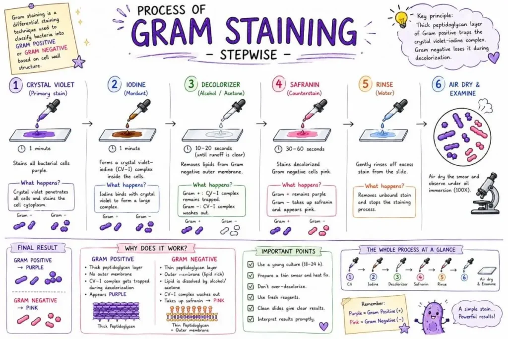 Gram staining procedure diagram/ Gram staining steps diagram