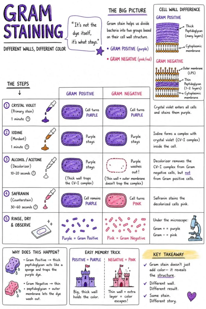 Gram staining diagram showing step-by-step process with crystal violet, iodine, alcohol, and safranin, comparing Gram-positive (purple) and Gram-negative (pink) bacteria with cell wall differences.