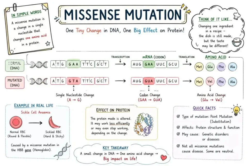 Missense mutation diagram showing DNA change, codon alteration, and amino acid substitution with student-friendly sketch explanation