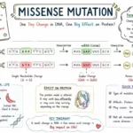 Missense mutation diagram showing DNA change, codon alteration, and amino acid substitution with student-friendly sketch explanation