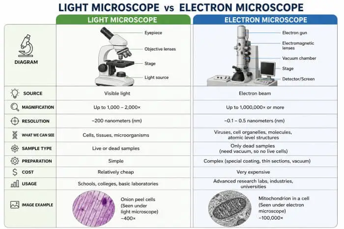 Difference betwwen electron microscope and light microscope.