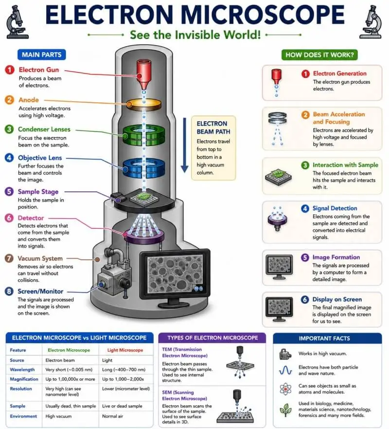 Labeled electron microscope diagram showing main parts like electron gun, anode, condenser lens, objective lens, sample stage, detector, vacuum system, and screen, along with step-by-step working process from electron generation to image display, including comparison with light microscope and types (TEM & SEM).”