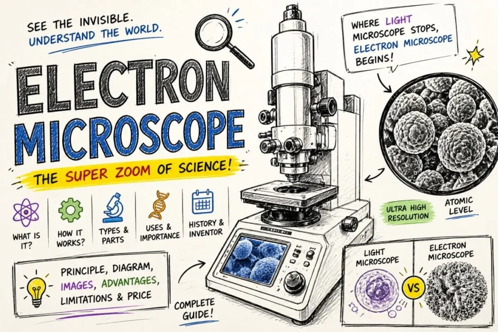 Image of an electron microscope showing atomic-level magnification, comparison with light microscope, parts, uses, principles, and science infographic elements.