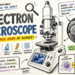 Image of an electron microscope showing atomic-level magnification, comparison with light microscope, parts, uses, principles, and science infographic elements.