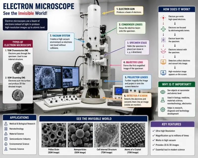 Detailed electron microscope laboratory infographic with labeled parts, arrows, working process, TEM vs SEM types, vacuum system, detector, applications, and atomic-level imaging explanation.