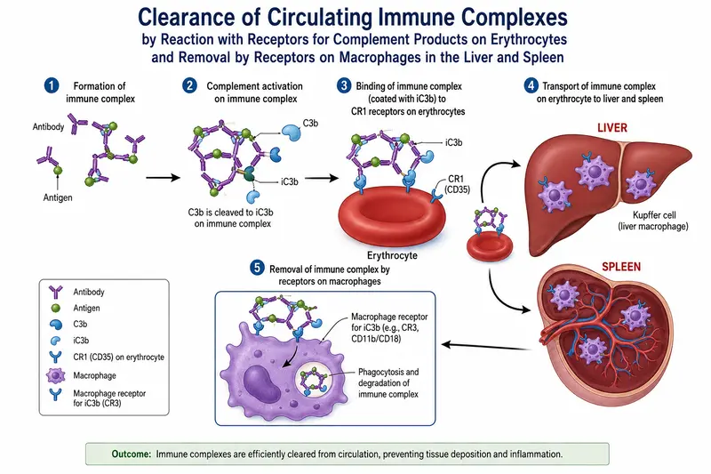 clearance of circulating immune complexs by reaction with receptors for complement products on erythrocytes and removal of these complexes by receptors on macrophages in the liver and spleen