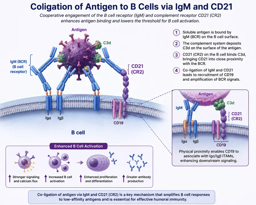 coligation of antigen to B cells via IgM nd CD21
