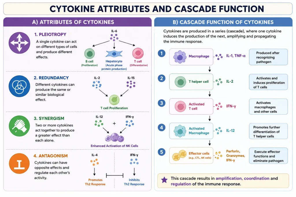 cytkines attributes a) pleiotropy redundancy,synergism antagonism and b) cascade function