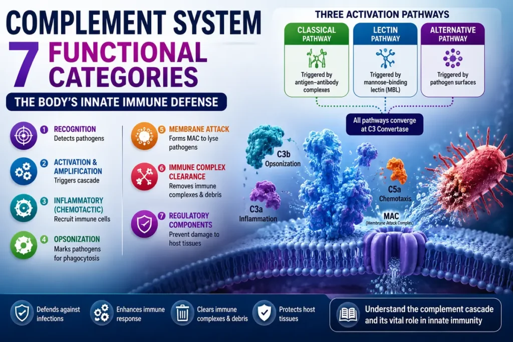 Seven functional categories of complement components