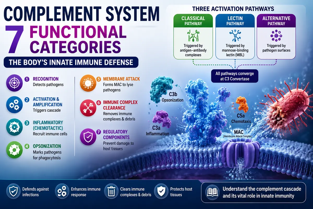 Seven functional categories of complement components