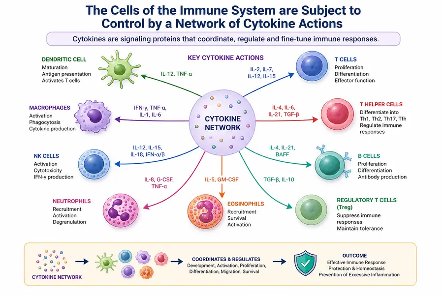 The cells of the immune system are subject to control by a network of cytokine actions