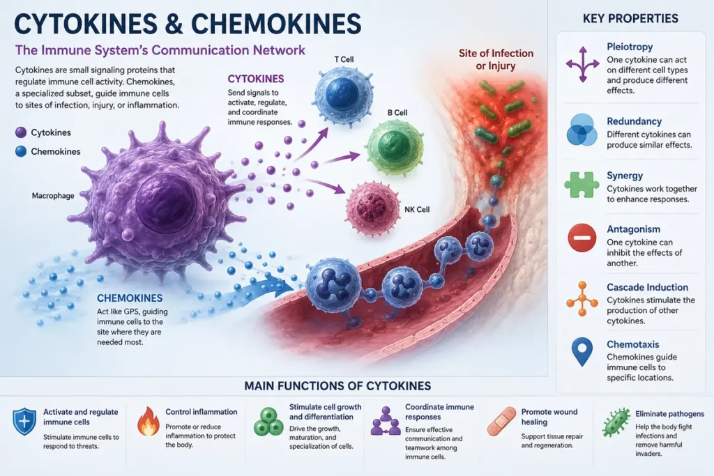 What are the properties of cytokines and chemokines?