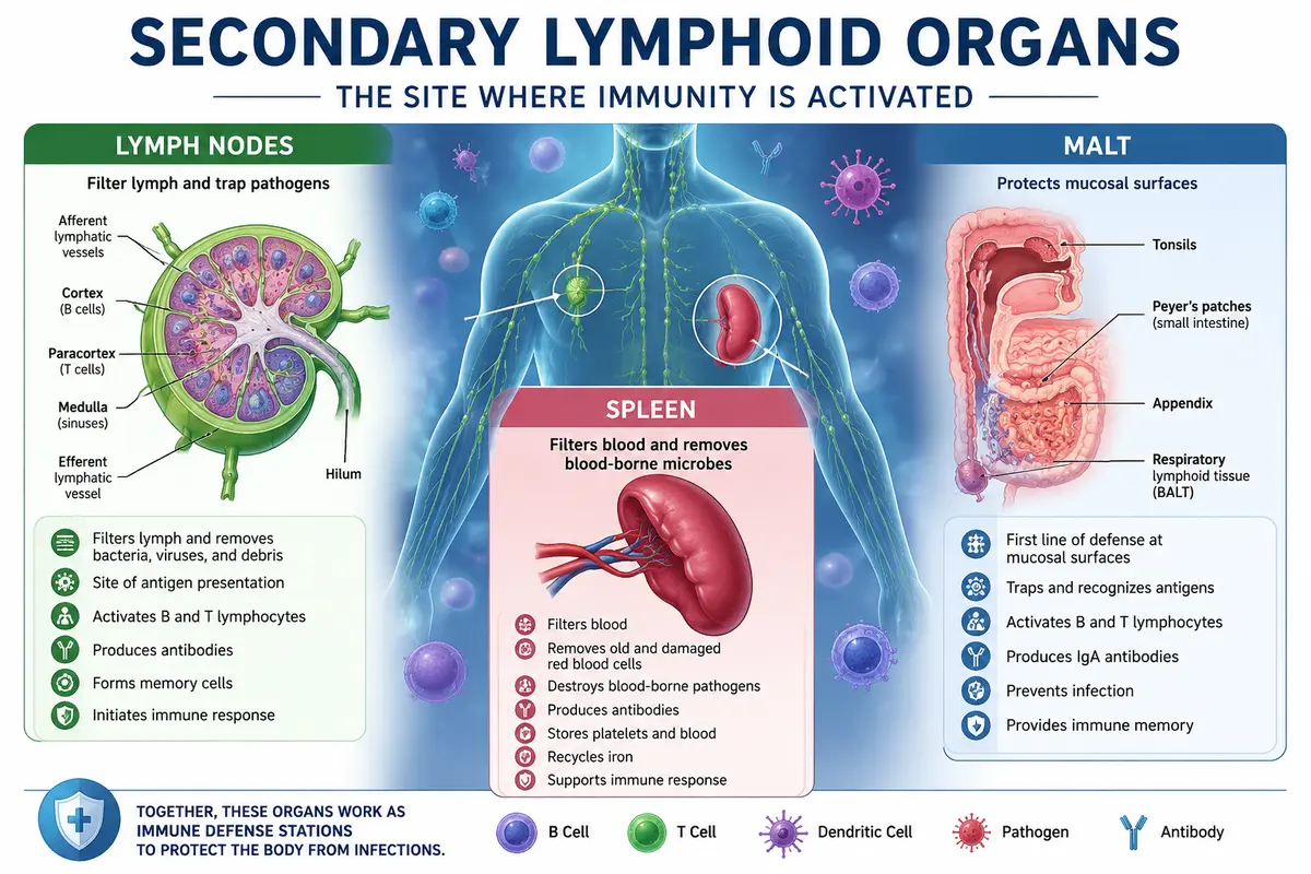 What is the structure and function of secondary lymphoid organs?