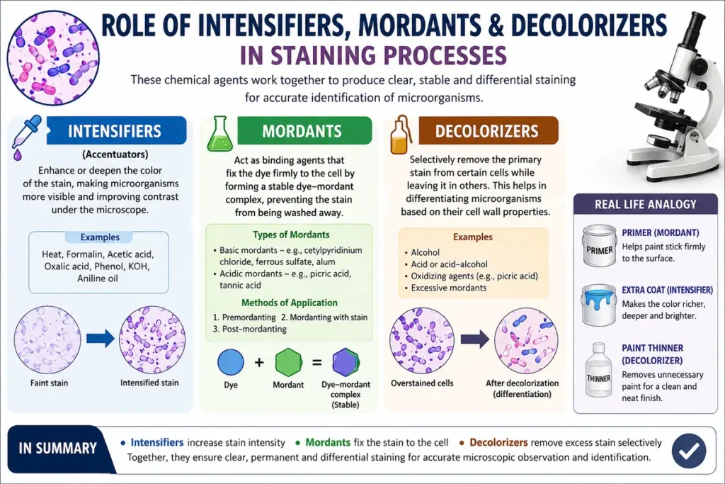 role of intensifiers, mordants, and decolorizers in staining processes