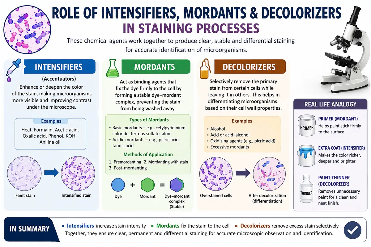 role of intensifiers, mordants, and decolorizers in staining processes