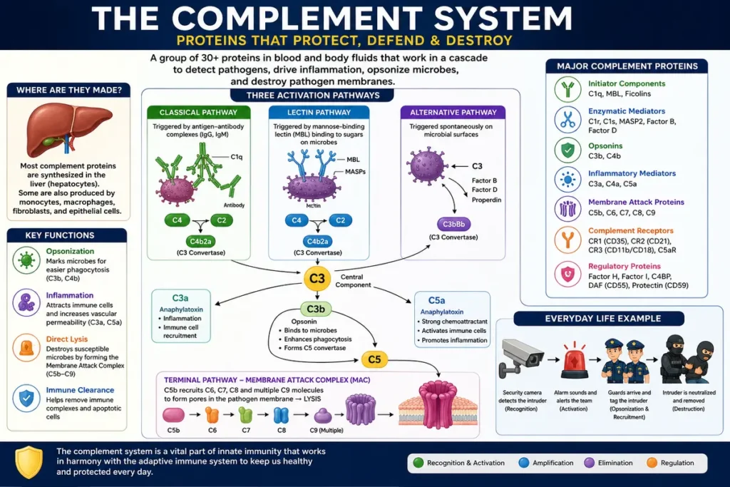 Which are the proteins involved in the complement system?