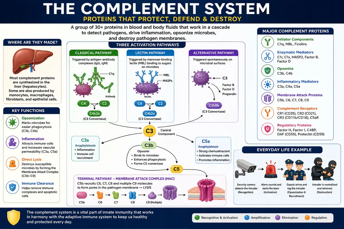 Which are the proteins involved in the complement system?