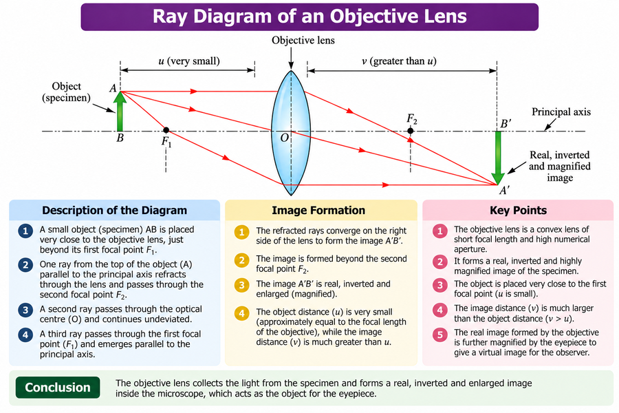 Types, Ray Diagrams, and Functions of Condensers, Eyepieces, and Objectives: Powerful & Amazing Explanations 5 Ray digram of Objective