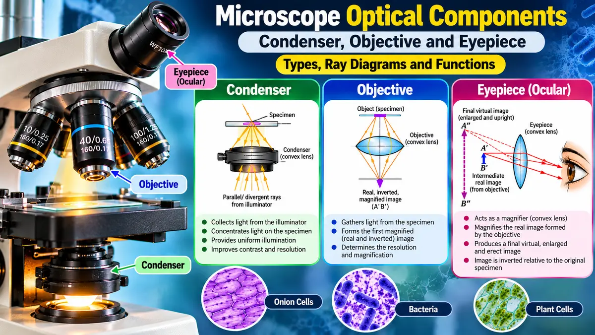 Types, ray diagrams, and functions of condensers, eyepieces, and objectives
